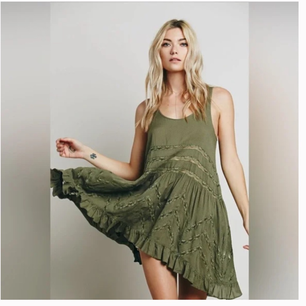 Free People Voile Trapeze Lace Slip Dress in Olive